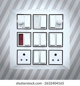 Close-up image of a clean white modular switchboard with multiple switches, sockets, and dimmer knobs. Ideal for electrical, home interior, or utility concepts.
