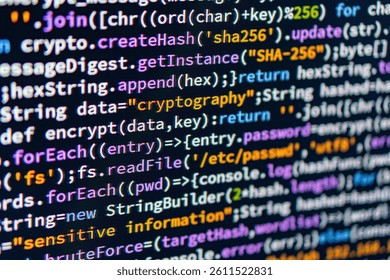 Close-up image of a coded screen, showcasing encrypthash functions and SHA-256, highlighting syntax through IDE or text editor, focusing on the intricacy of cryptography in data security Cryptography