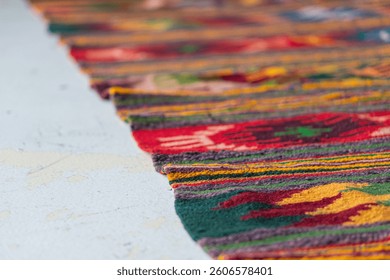Close-up image of a colorful, patterned textile with an intricate design and soft, dense weave The textile appears to be part of a larger piece like a rug or tapestry, with no visible texts The pho