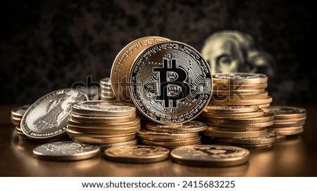 A close-up image of cryptocurrency Bitcoin meets classic banknotes, symbolizing the harmony of digital and traditional finance