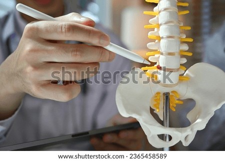 Close-up image of The doctor pointing to the spine, the place where the intervertebral hernia appears..