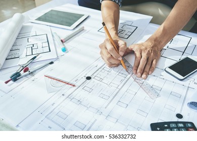 Closeup Image Engineer Drawing Blueprint Stock Photo 536332732 ...