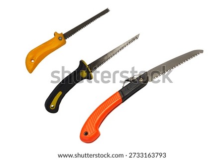 A close-up image of folding chainsaws and small saws used for various tasks, suitable for cutting branches and general cutting, isolated against a white background.