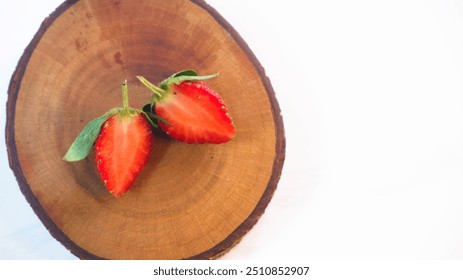 A close-up image of a freshly cut strawberry, neatly halved, placed on a circular wooden surface with a white background. The vibrant red of the strawberry contrasts beautifully with the natural wood  - Powered by Shutterstock