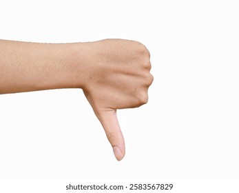 A close-up image of a hand displaying a thumbs-down gesture against a plain white background, signifying disapproval, dislike, or disagreement.