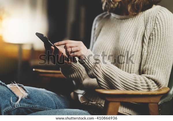 Closeup Image Hipster Girl Sitting Vintage Stock Photo Edit