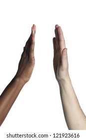 Close-up Image Of Human Hands Doing High Five Over The White Background