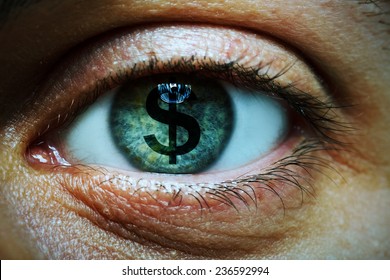 Closeup image of a man with a dollar symbol in his eye