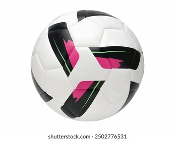 A close-up image of a modern soccer ball featuring a white, black, pink, and green abstract design pattern, used for various soccer games and training sessions. - Powered by Shutterstock