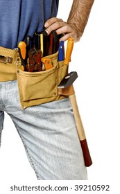 Closeup Image On Classic Leather Toolbelt Of Handyman