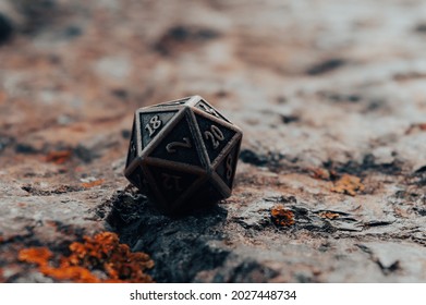 Close-up image of one  20-sided metallic role-playing die on a rough rock surface with orange lichen