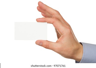 Closeup Image Of Paper Business Card In Male Hand, Isolated On White Background