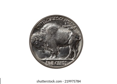 Closeup image of pristine American Buffalo Nickel, reverse side, isolated on white 