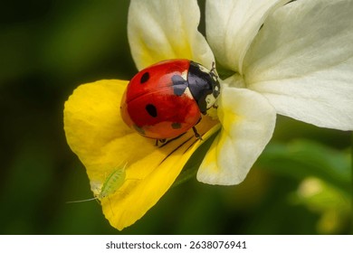 Close-up image of a red ladybird on a flower.