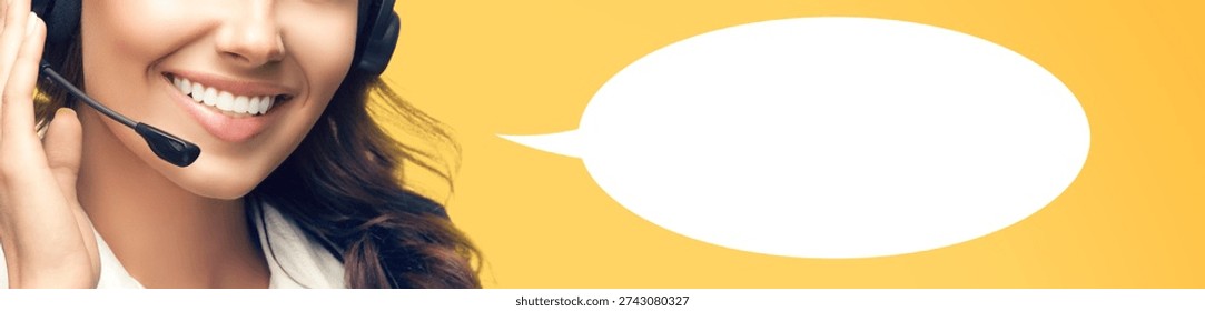 Closeup image. Representative call center. Woman callcenter support phone operator agent wear headset, isolated orange yellow background. White empty mockup speech ad text bubble. Customer service help care
