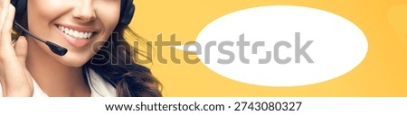 Closeup image. Representative call center. Woman callcenter support phone operator agent wear headset, isolated orange yellow background. White empty mockup speech ad text bubble. Customer service help care