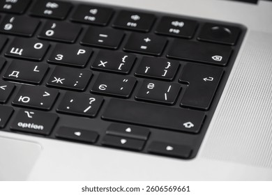 Close-up image of a sharp, high-resolution laptop keyboard with English letters, symbols, and numbers Suitable for technology, communication, productivity, or digital presence marketing materials I