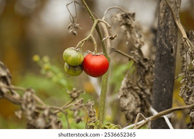 Close-up image showcasing the natural ripening process of garden tomatoes, highlighting a contrast between mature red and unripe green tomatoes on the vine against withered leaves. - Powered by Shutterstock