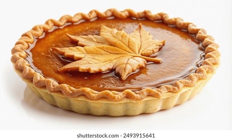 A close-up image of a single serving of pumpkin pie with a maple leaf crust. - Powered by Shutterstock