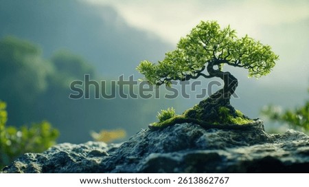 A close-up image of a small bonsai tree, growing out of a mossy rock. 