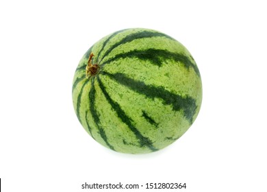 Closeup Image Of Small Striped Single Watermelon Isolated At White Background.