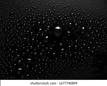 a close-up image of small water drops on a black background. Smooth background with water drops. Macro photography