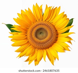 A close-up image of a vibrant sunflower with lush green leaves.