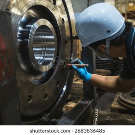 close-up image worker hand assembling or inspecting large industrial machine component. metal part features multiple circular holes and bolt, suggesting part of  collaborative  safety environment - Powered by Shutterstock - Get 15% off with code: PIKWIZARD15