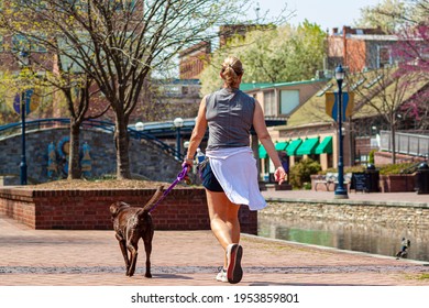 Closeup Image Of A Young Blonde Woman Jogging In The Park While Walking Her Dog On Leash. She Tied Her Clothes Around Her Waist. She Carries Water Bottle With Her. A Scenic City Park With River.