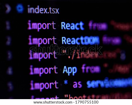 Close-up of import statement of React, Javascript programming source code