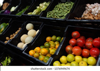 Closeup Of Indian Organic Vegetables In Trays As Display Of A Store Or Super Market  