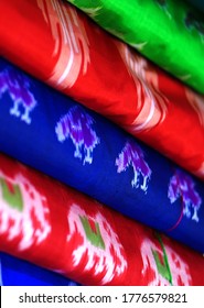  Close-up Of Indian Woman Traditional Dress Saree Or Sari Stacked In Display In A Retail Store                              