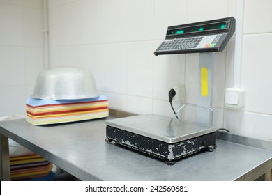 closeup industrial scales in the culinary workshop