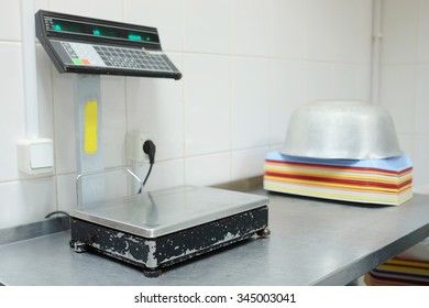 Closeup Industrial Scales In The Culinary Workshop