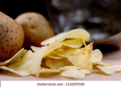 Closeup Inside Empty Foil Bag Of Potato Chips. Fresh Raw Potatoes Lying. Opened Snack Bag.