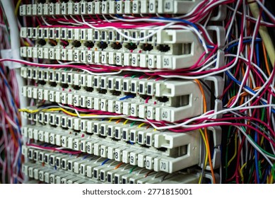 closeup of inside private Automatic Branch exchange telephone PABX system is old technology. Select focus