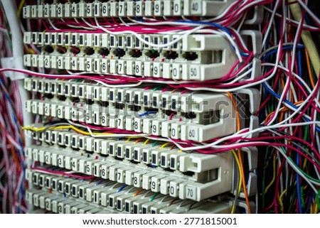 closeup of inside private Automatic Branch exchange telephone PABX system is old technology. Select focus