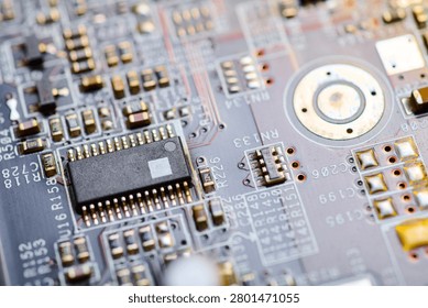 Close-up of a integrated circuit. Microelectronic engineering system concept.