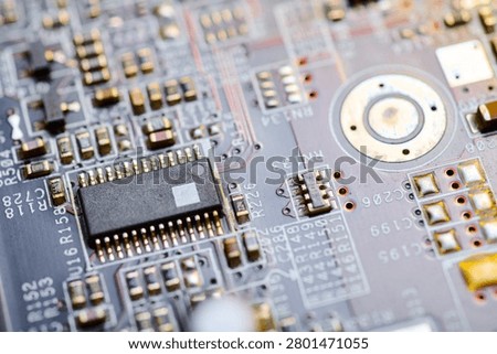 Close-up of a integrated circuit. Microelectronic engineering system concept.