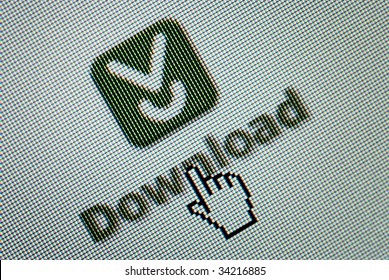 Close-up of a interface computer download button and a hand mouse cursor