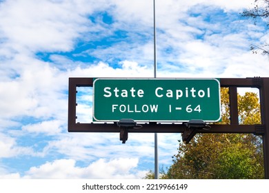 Closeup Of Interstate Highway 64 Road Sign For State Capitol Legislature In Charleston, West Virginia In Autumn Fall With Blue Sky Clouds