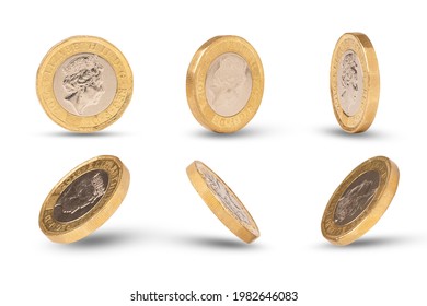 Closeup of Isolated of One Pound sterling coins on white background with clipping path.