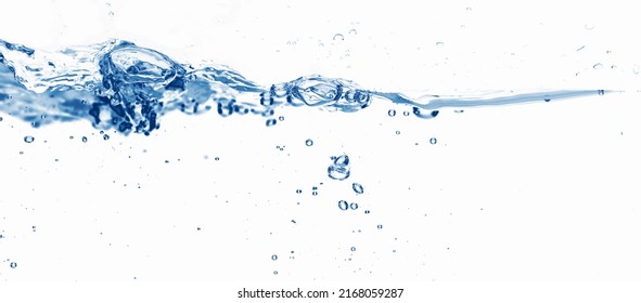 Closeup Of An Isolated Waterline Wave With Water Bubbles And Drops On White Background, Abstract Water Background Concept For Moisturizer, Pharmacy Or Sustainable Water Resource