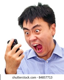 Closeup Isolation Photo Of A Crazy Angry Asian Man Yelling At His Cellphone