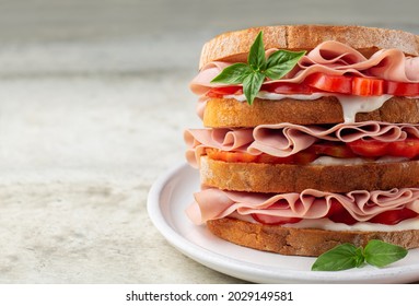 Close-up Of Italian Deli Sandwich With Mortadella, Soft Cheese Stracchino And Tomatoes.. Copy Space., Closeup, 