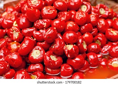 Closeup Of Italian Marinated Stuffed Tomatoes. Mediterranean Food Background