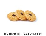 A closeup of Jammie Dodgers cookies with white background