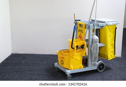 Closeup Of Janitorial, Cleaning Equipment And Tools For Floor Cleaning With Wall Background At The Airport.