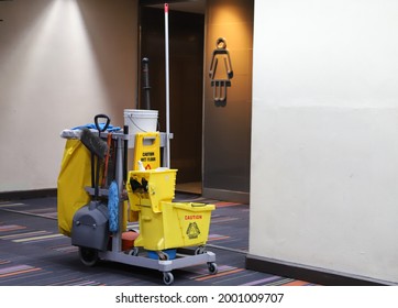 Closeup Of Janitorial, Cleaning Equipment And Tools For Floor Cleaning At The Airport Terminal.