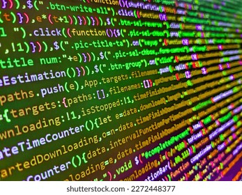 Closeup of Java Script and HTML code. Programming text on dark screen. Big data storage and cloud computing representation. Abstract technological background with digits and lines. Source code photo